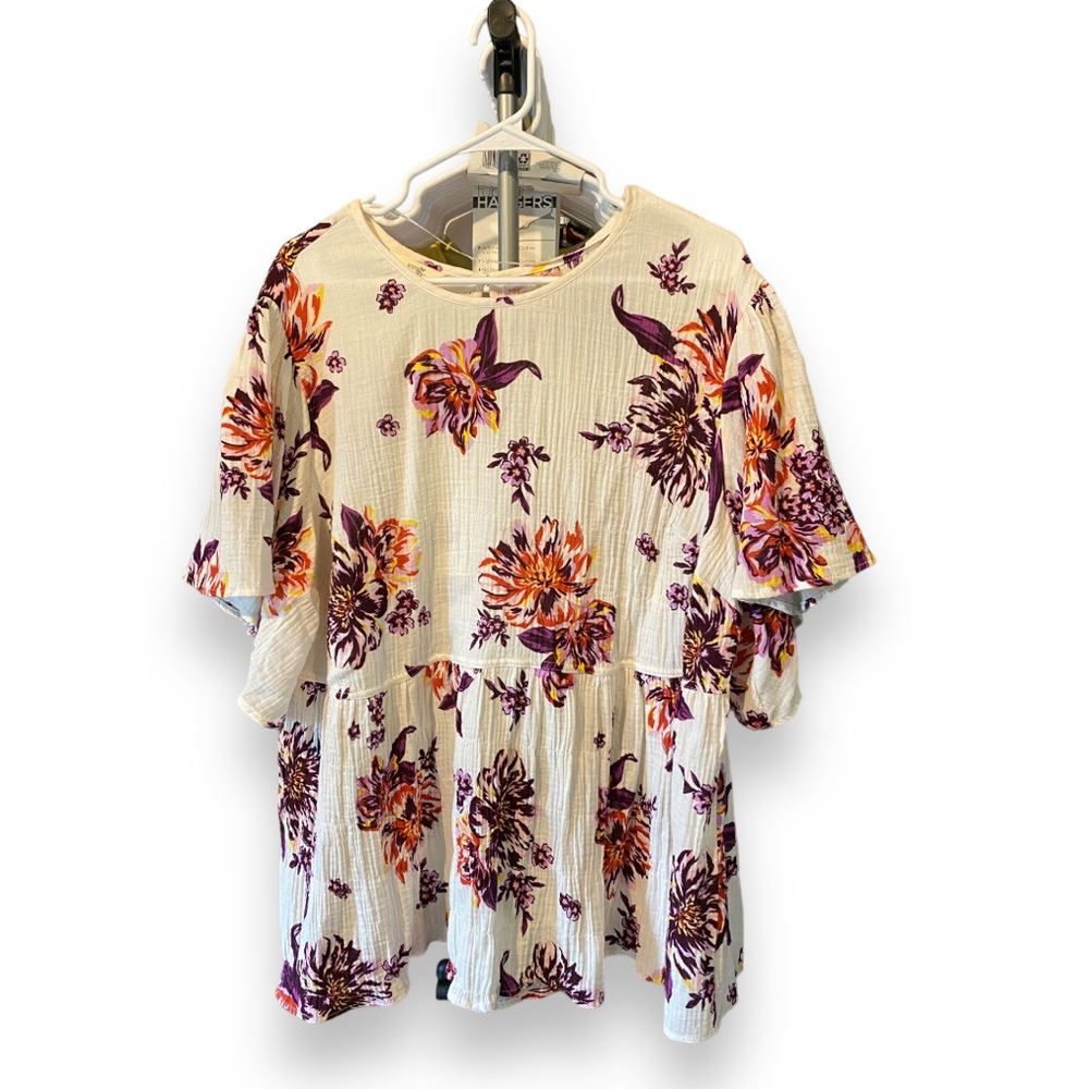 Terra & Sky Women's Plus Size 1X White Purple Floral Peplum Hem Babydoll Top